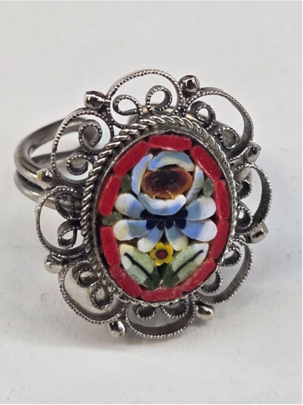 Micro Mosaic Ring Adjustable Ornate Silver Oval Frame Red Blue Floral Detailed - Picture 9 of 9